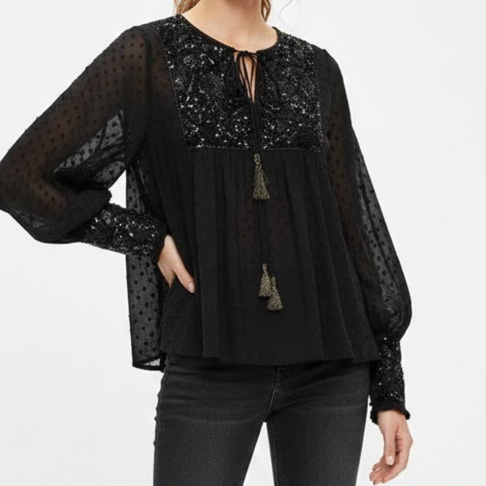 Zara Black Sequin Beaded Boho Peasant Blouse Tassel Top XS